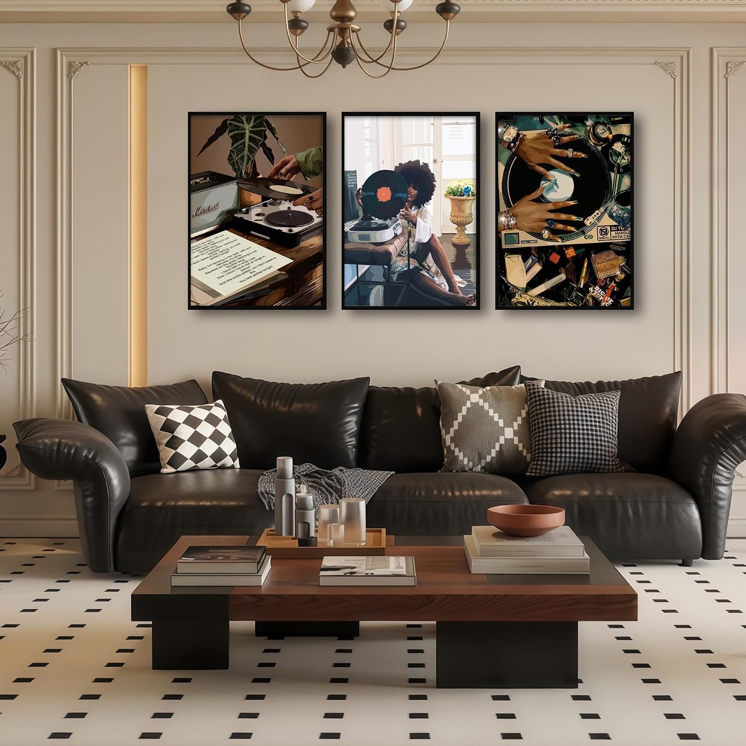 Black Girl Canvas Wall Art 3Pcs black Girl Record Music Wall Decor Pictures Funky Black Girl Posters prints for Modern Black Woman Bedroom Home Decoration 12x16in Black Framed