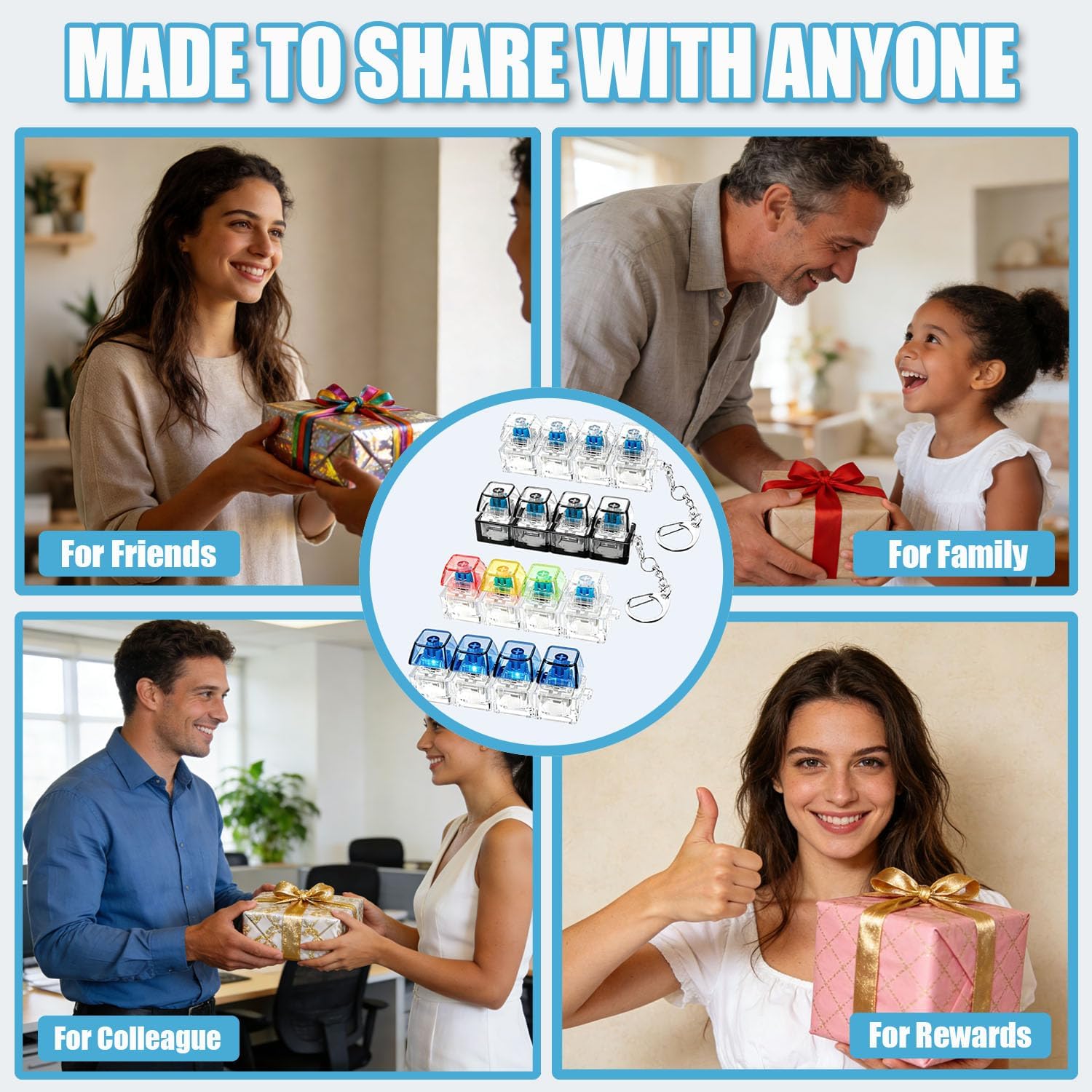 Pack of 4 Fidget Toys Keyboard with LED Light, Mini Keyboard 4 Buttons, Funny Clicker Keyboard Toy, Keyboard Key Ring Clicker, Luminous Keyboard Pendant for Stress Relief