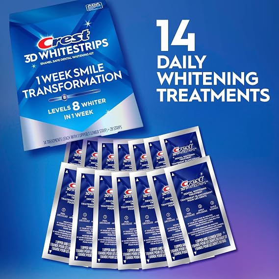 Crest 3DWhitestrips 1 Week Smile Transformation At-Home Teeth Whitening Kit, 14 Treatments, 8 Levels Whiter in 1 Week