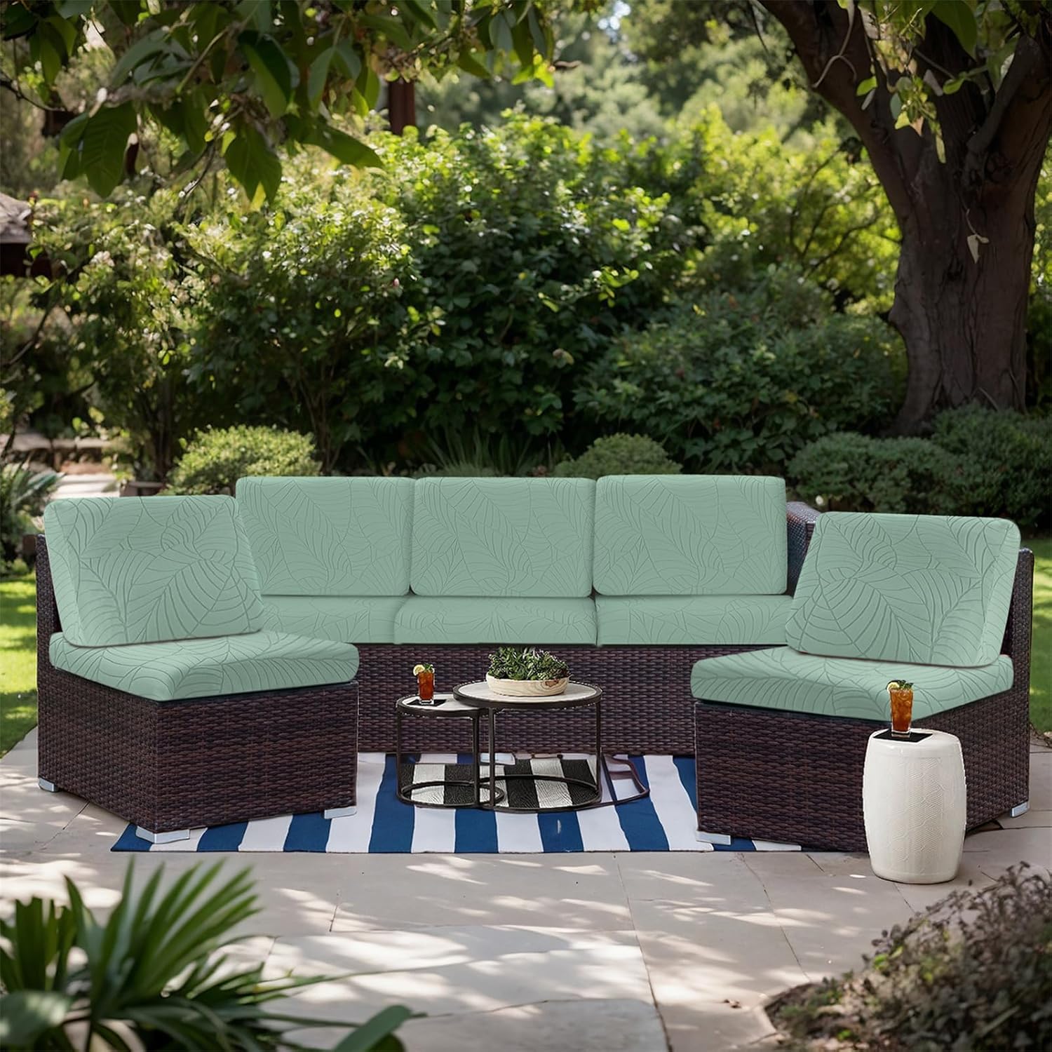 1/2/3/4/8PCS Stretch Patio Sofa Seat Cushion Cover Outdoor TPU Waterproof Replacement Slipcovers Outdoor Elastic Leaf Pattern Textured Porch Couch Furniture Protector (Green,8)