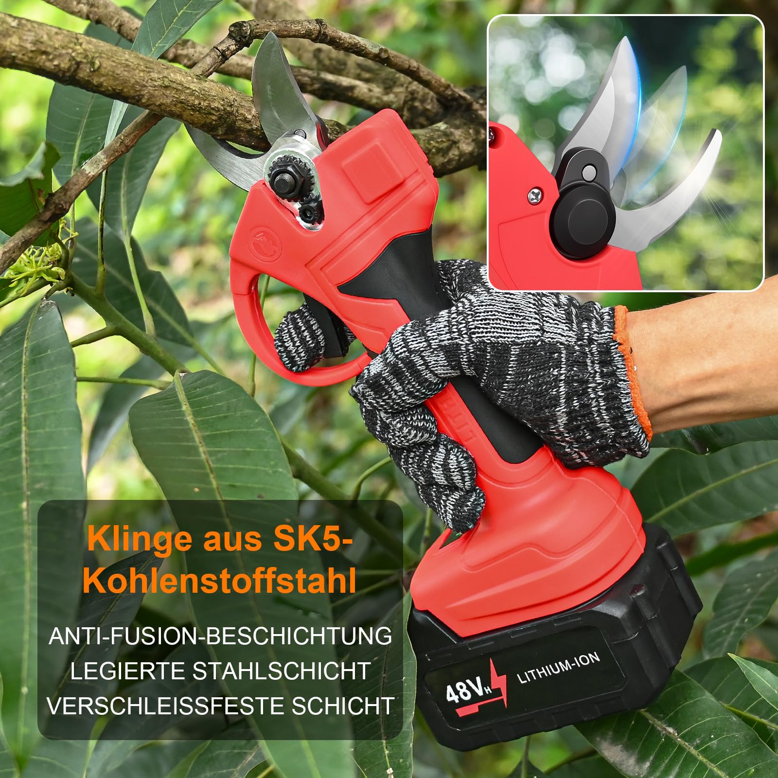 Akku Astschere,GuKKK 35mm Elektrische Gartenschere mit Akku mit 500W Bürstenlosem Motor, Professionelle Elektrische Gartenschere mit 2 Akku 2000mAh, Elektrisch Garten Schere für Zweige, Sträucher