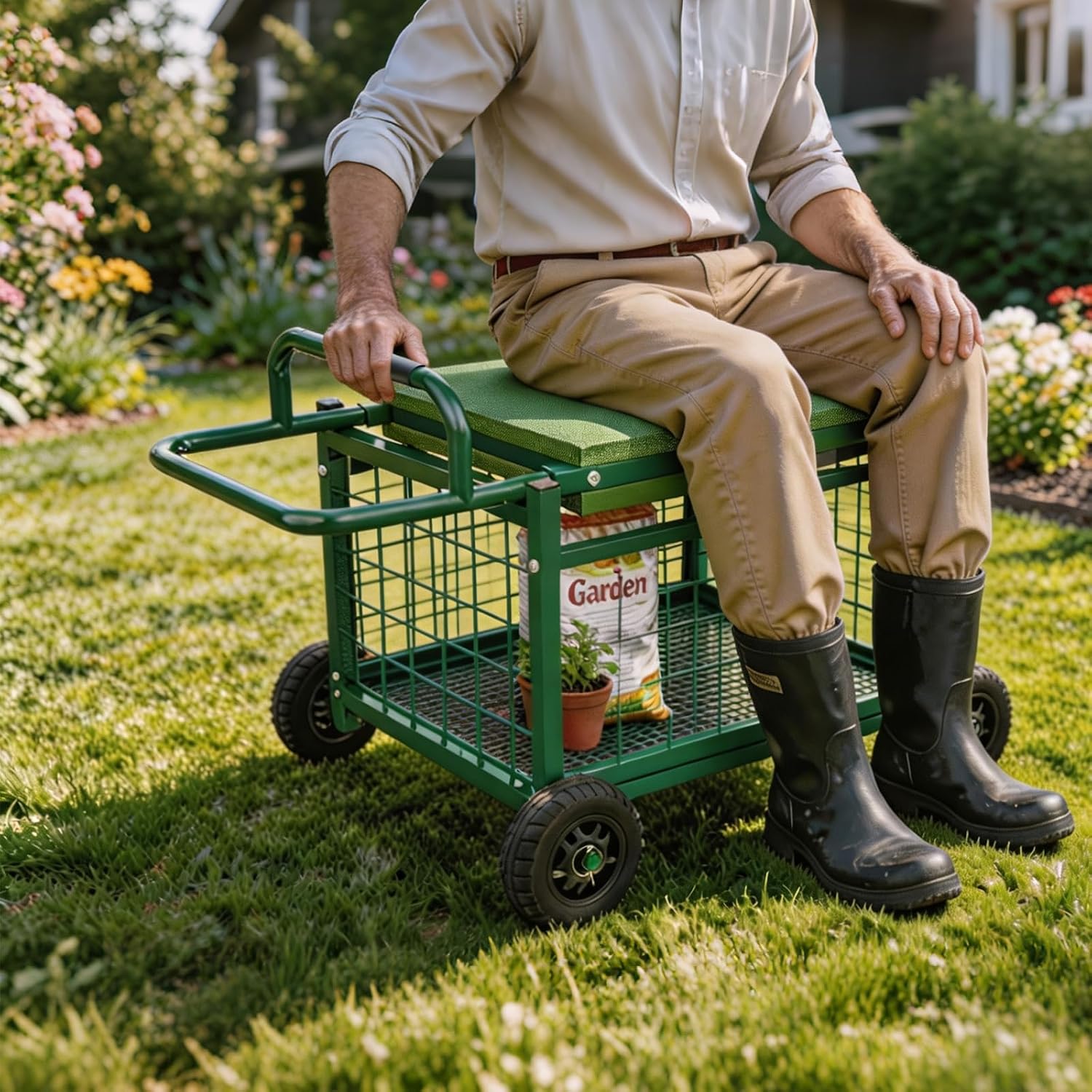 FLINTER Extra-Large Rolling Garden Cart and Kneeler, 2026 Heavy Duty Gardenning Cart with Seat and Kneeler - Garden Rolling Stools with Wheels for Seniors, Lawn, Patio & Backyard Gardening, Green