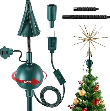 Meonum Upgraded Electric Rotating Christmas Tree Topper Holder, Universal Tree Topper Stabilizer Fits All Base Types, Green Support Rod to stabilize Seasonal Treetop OrnamentsUniversal Type