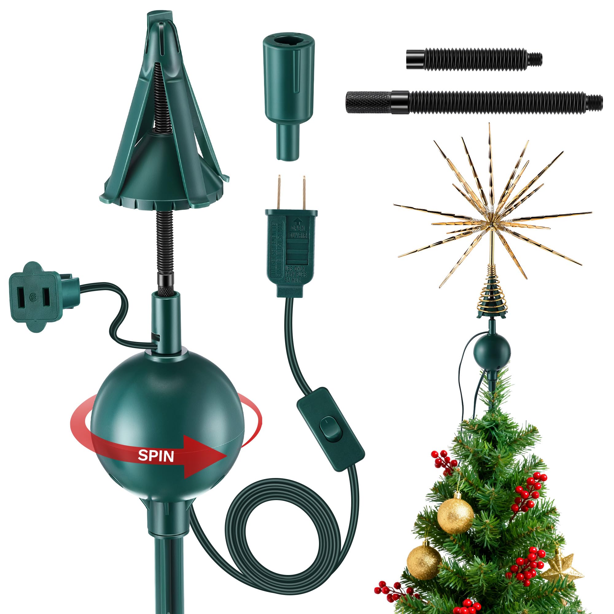 Photo 1 of Meonum Upgraded Electric Rotating Christmas Tree Topper Holder, Universal Tree Topper Stabilizer Fits All Base Types, Green Support Rod to stabilize Seasonal Treetop Ornaments(Universal Type)