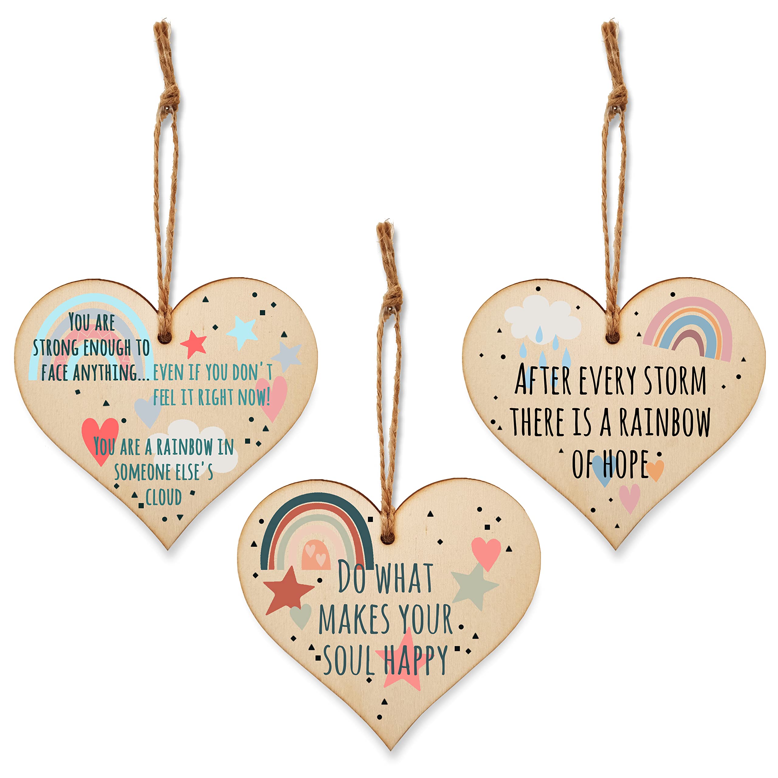 The Plum Penguin Set of 3 Hanging Decorations Wooden Hearts Inspirational Gift or Pick Me Up Vibes | Make Your Soul Happy | Storm Before a Rainbow