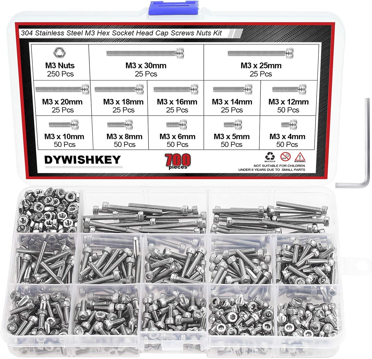 DYWISHKEY 700 Pieces M3 Stainless Steel 304 Hex Socket Head Cap Bolts Screws and Nuts Assortment Kit