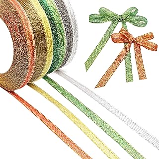 Colored Metallic Glitter Ribbon for Craft,4 Roll 1/4inch Silver Gold Glitter Ribbon for Gift Wrapping DIY Craft,Wedding Pa...