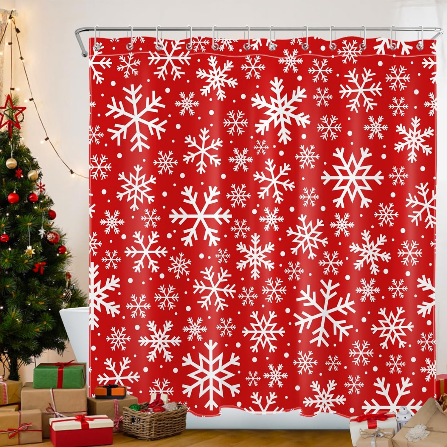 Winter Christmas Shower Curtains for Bathroom, White Snowflake on Red Shower Curtain Snowflake Pattern Shower Curtain with Hooks, 72W X 78L Inch