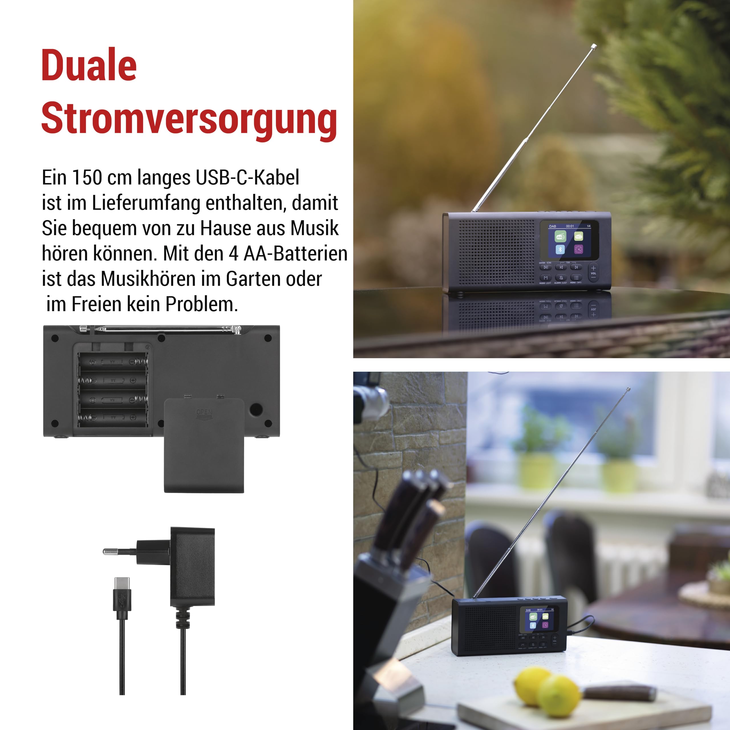 EMOS - Radio DAB + Bluetooth e doppia alimentazione - Radio digitale portatile con sveglia, Sleeptimer e 40 posizioni - 4 a scelta rapida - Radio da cucina DAB+FM TFT LCD a colori - Nero
