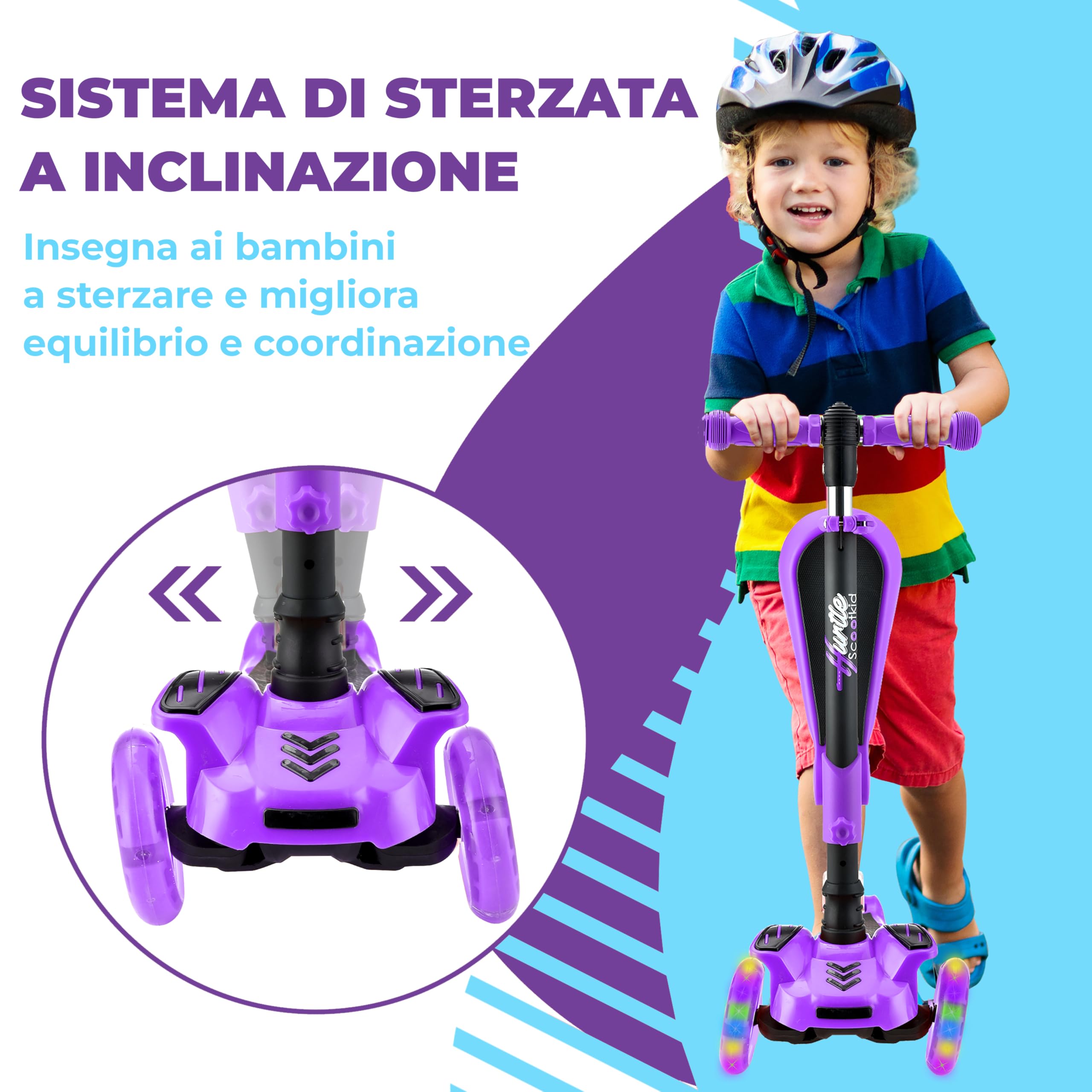 Hurtle Monopattino Bambino, Monopattino Bambina, Monopattino a 3 Ruote, Regolabile in Altezza con Sedile Pieghevole, Scooter per Bambini e Bambine con Ruote LED Multicolore, Dai 1 ai 14 Anni