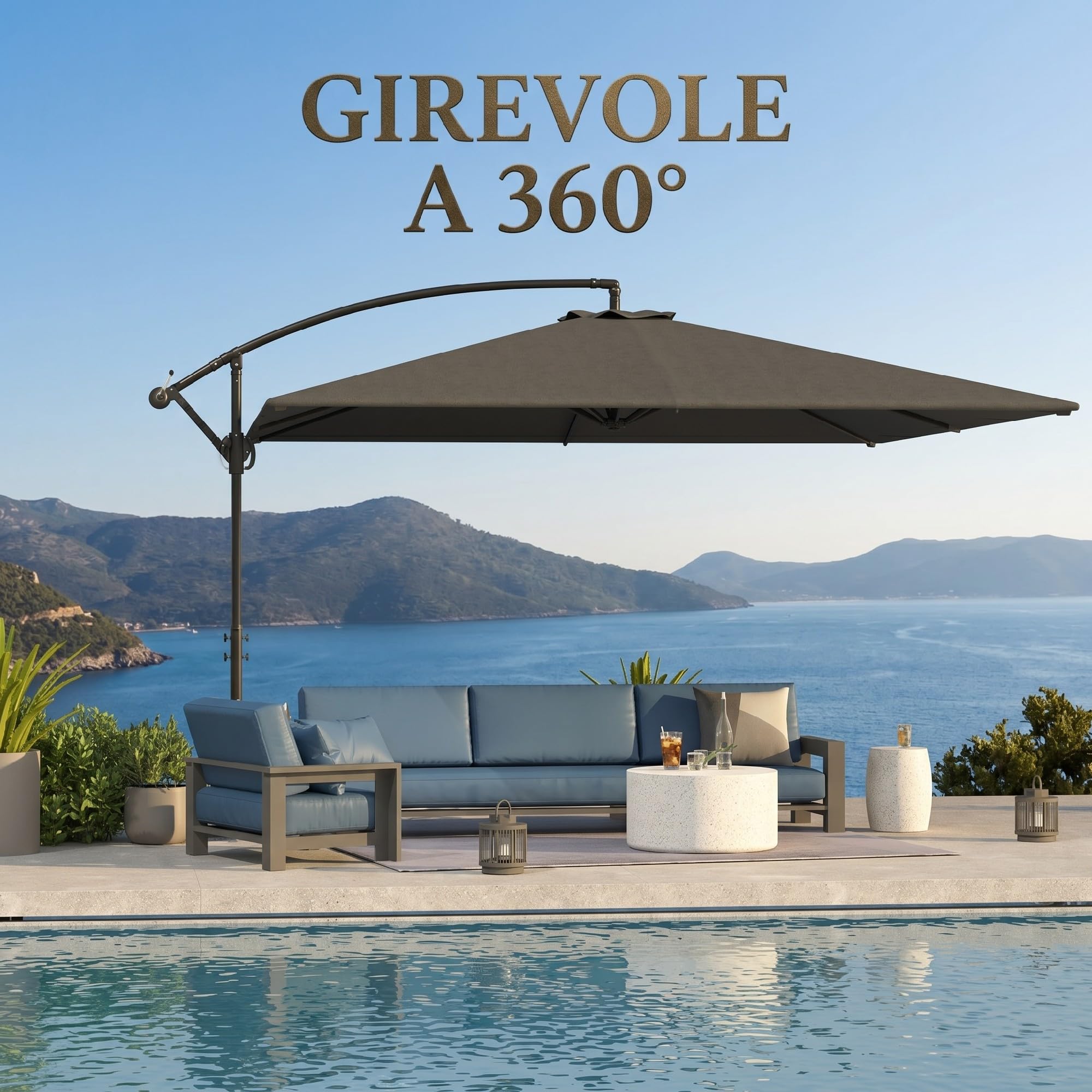 Outsunny Ombrellone Decentrato 2.8x3.8 m con Tettuccio Inclinabile Regolabile, Manovella e Prese d'Aria, Base a Croce, Ombrellone da Giardino in Metallo e Poliestere UV50+, Grigio