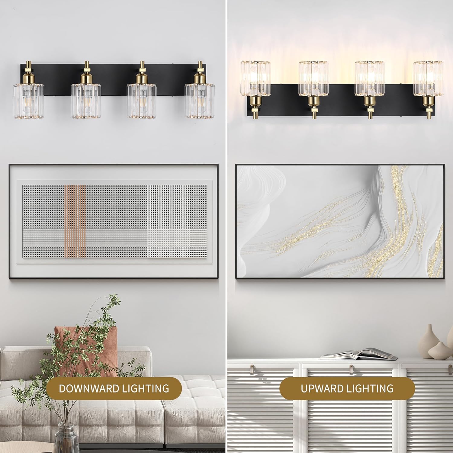 She's home 4 Light Crystal Vanity Lights for Bathroom - Black and Gold Modern Bathroom Vanity Lights Over Mirror 28 Inch, Bathroom Wall Lighting E26 Base