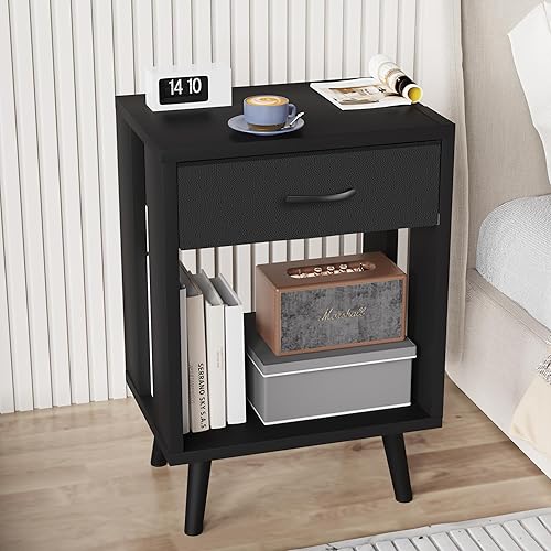 Miniatura 2 de GYIIYUO Juego de 2 mesitas de noche con cajón de almacenamiento de tela y estante de madera abierto, mesa auxiliar con almacenamiento para