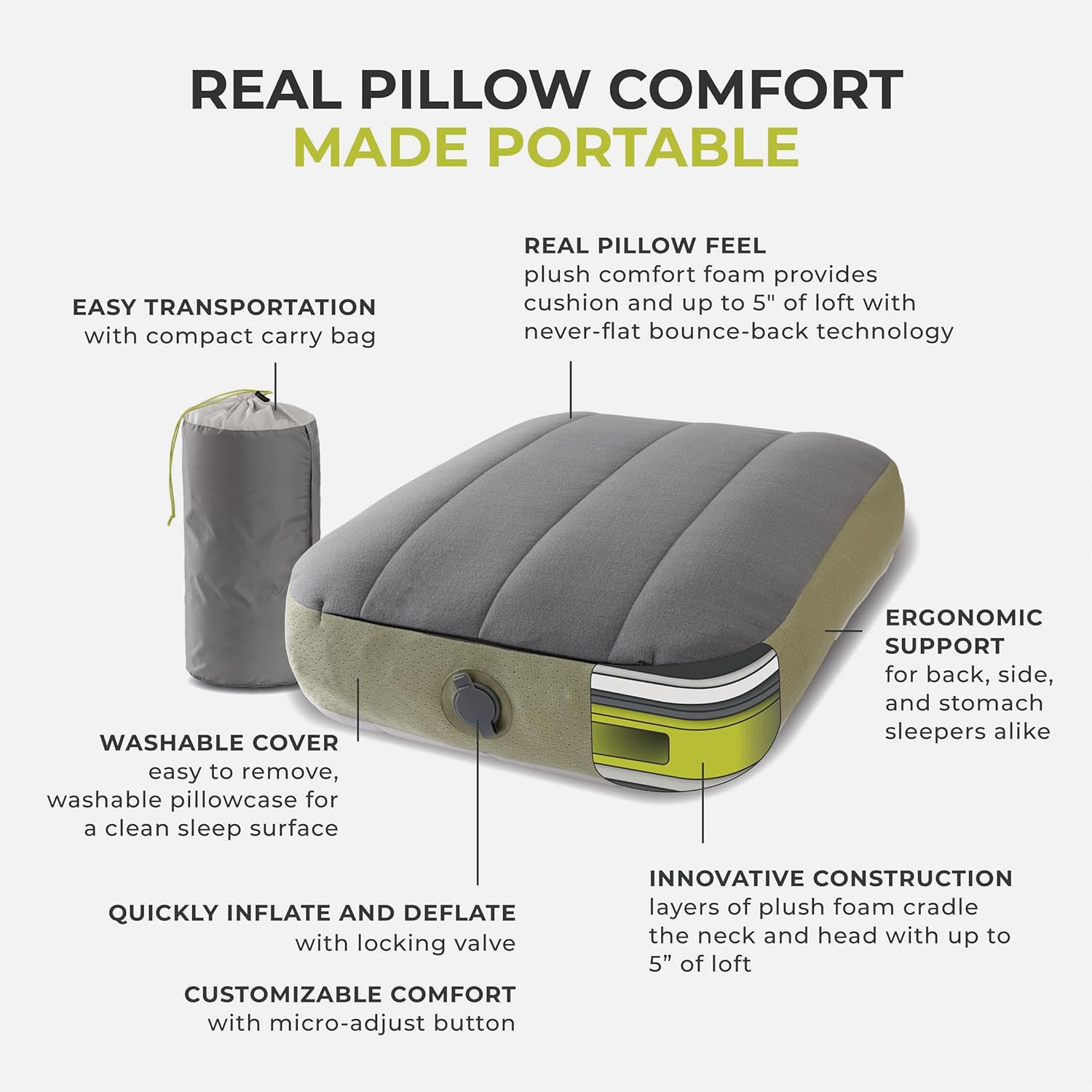 CORE Self Inflating Camp Pillow with Removable Cover | Lightweight, Compact, and Comfortable | Adjustable Support for Back, Side, and Stomach Sleepers | Ideal for Camping, Hiking, and Outdoor Travel
