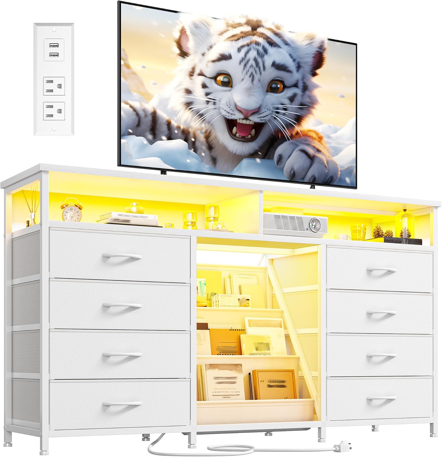 EnHomee 55 ” W Dresser for Bedroom with Bookrack & 8 Fabric Drawers, Dresser TV Stand with Power Outlet & LED Lights for 65 Inch TV, Chest of Drawers for Cabinet, Entryway, White
