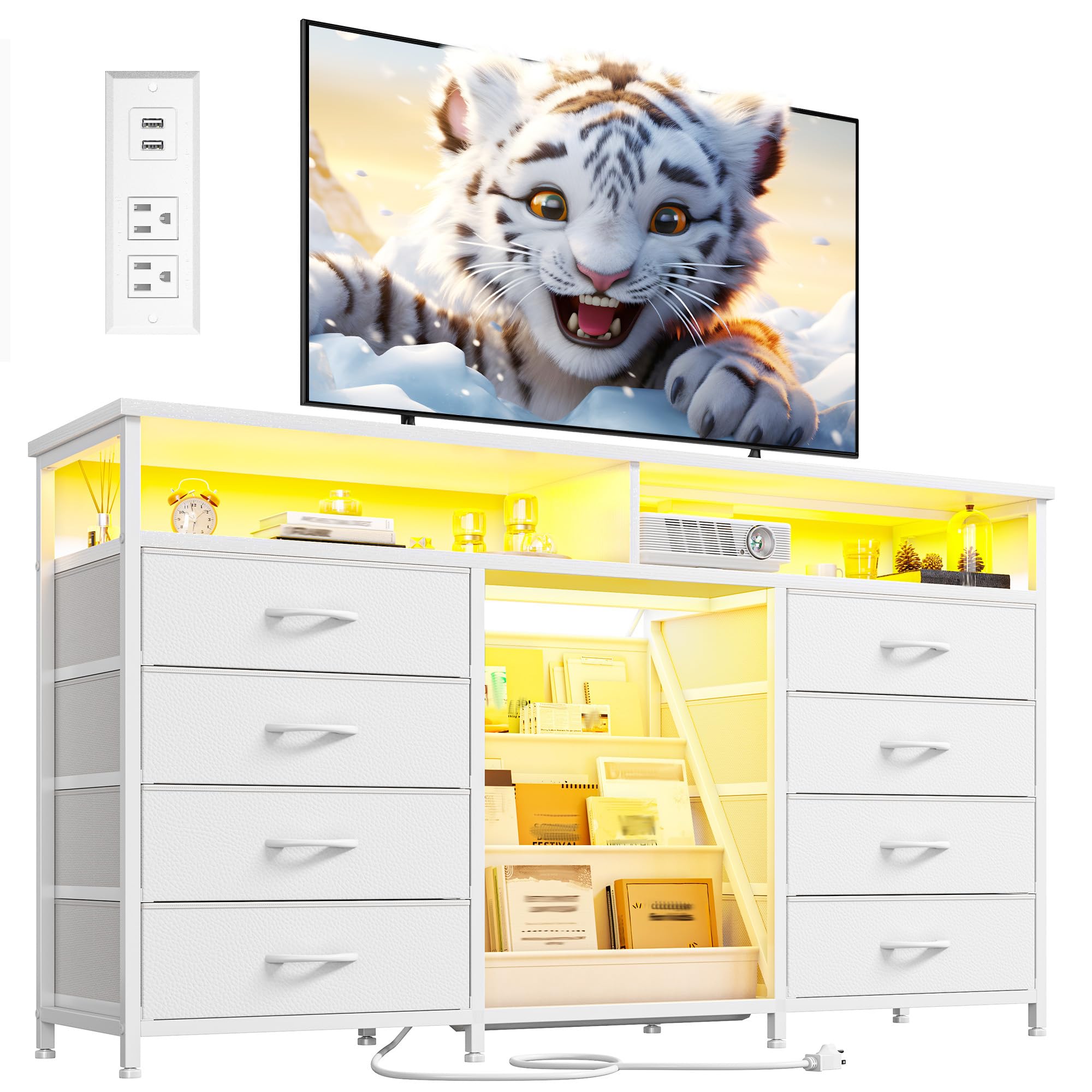 Dresser for Bedroom with Bookrack & 8 Fabric Drawers, 55 ” W Dresser TV Stand with Power Outlet & LED Lights for 65 Inch TV, Chest of Drawers for