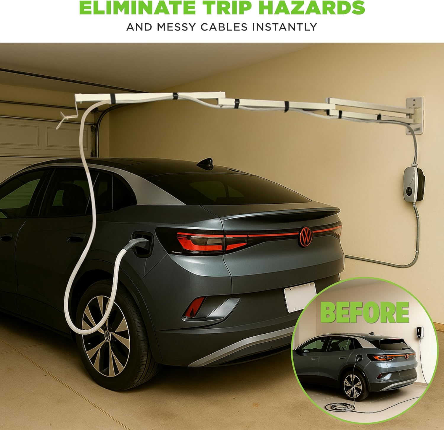 EV Charging Cable Holder - Extendable Arm Wall Mount for Electric Vehicle Charging Equipment - EV Charging Cable Organizer - EV Cable Holder - Made in USA - Black - 9-1/4' - No Holster