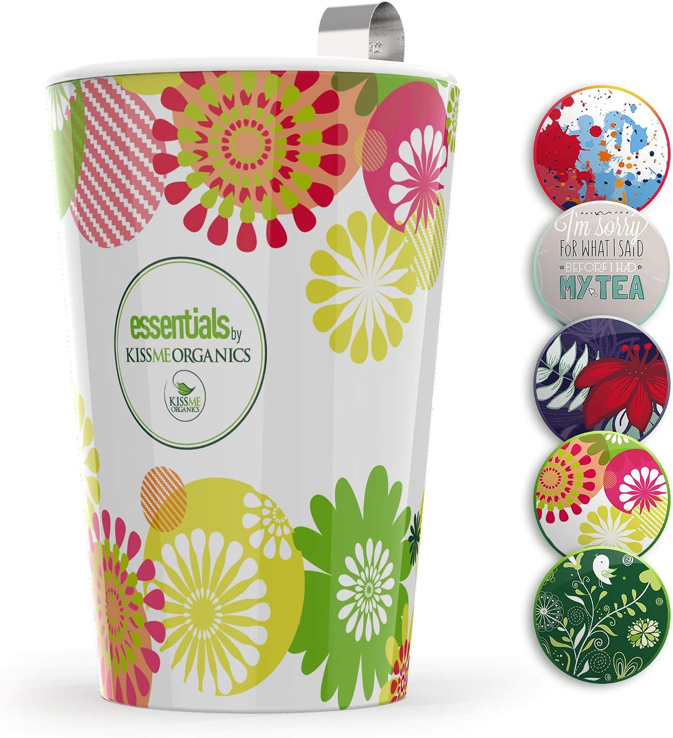 Kiss Me Organics Steep & Strain Ceramic Tea Mug - Insulated Cup with Tea Infuser - Available in 8 Patterns - Comes with Free Silicone Lid