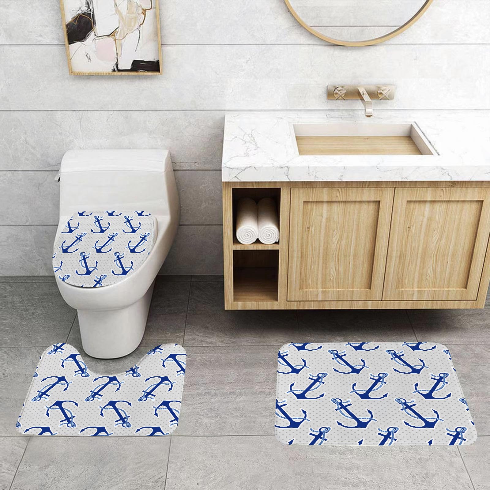 Set di 3 tappetini da Bagno, Lavabili in Lavatrice e Antiscivolo, in Morbida Fibra Superfine, con Motivo a Ancore vettoriali.