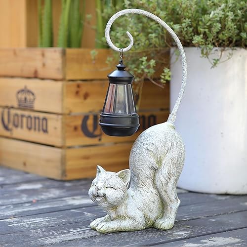 Miniatura 7 de Figura de gato riendo con luz LED solar, bronce antiguo de 15.7 pulgadas de alto, perfecta para regalo de decoración de jardín o inauguración de la