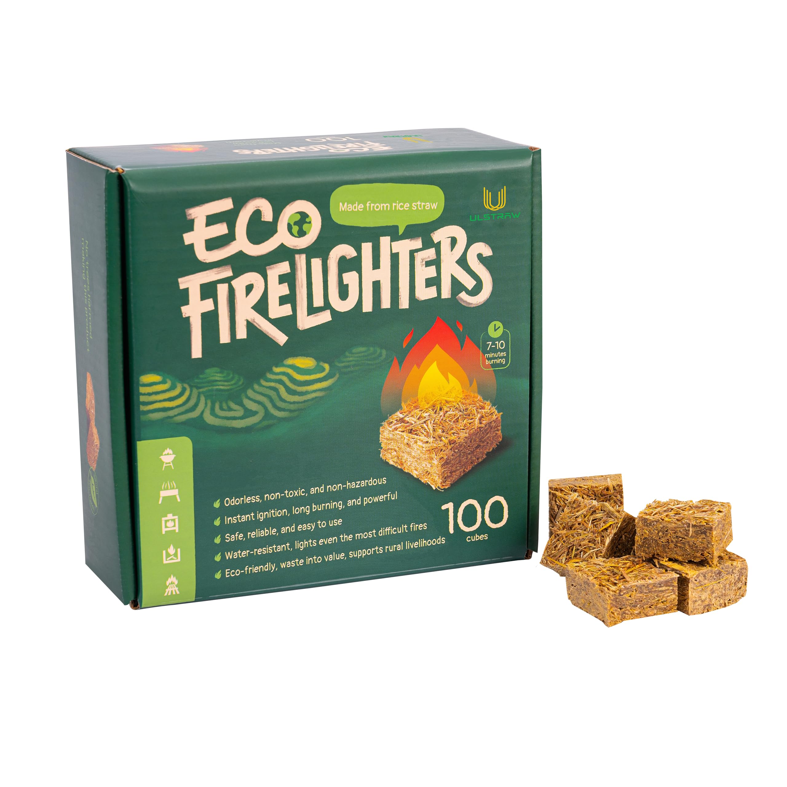 ULSTRAW-Eco Fire Starter for Indoor/Outdoor Fires, Fireplace, Grill - 100 Cubes
