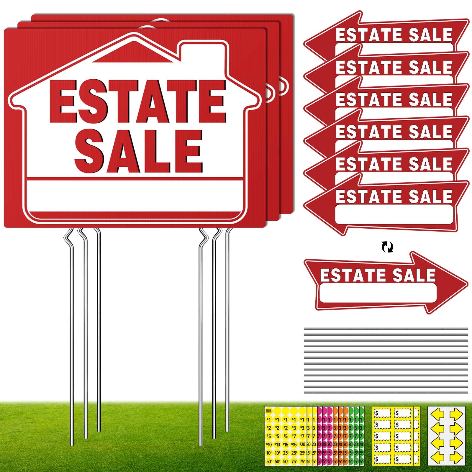 Photo 1 of 14Pcs Estate Sale Signs,17" x 13",Estate Sale Arrows Yard Sign Double Sided wth Metal Stake, Yard Sale Pricing Stickers,Directional Arrows & Fluorescent Neon Stickers