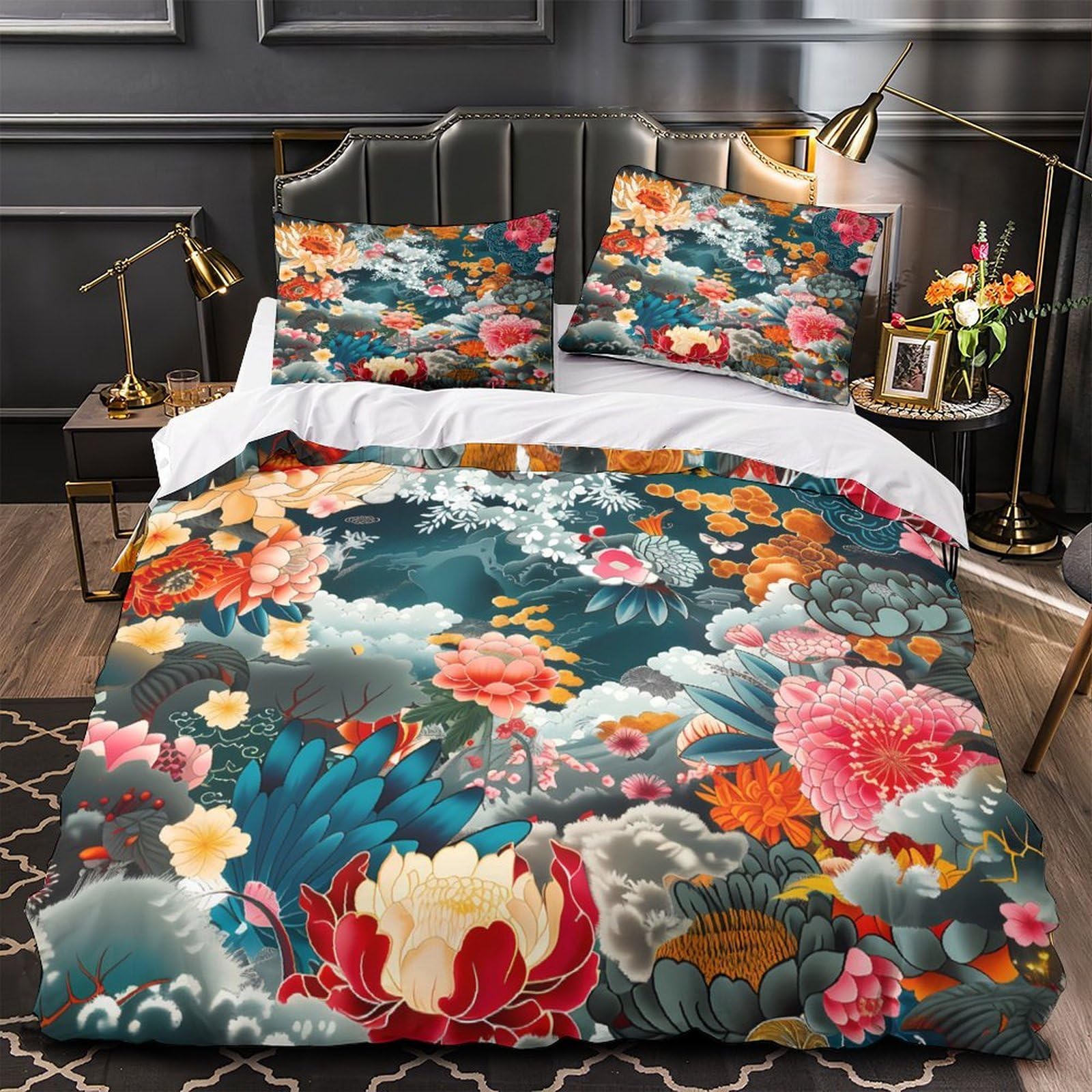 Housse de couette floral 3D microfibre lit simple avec taies