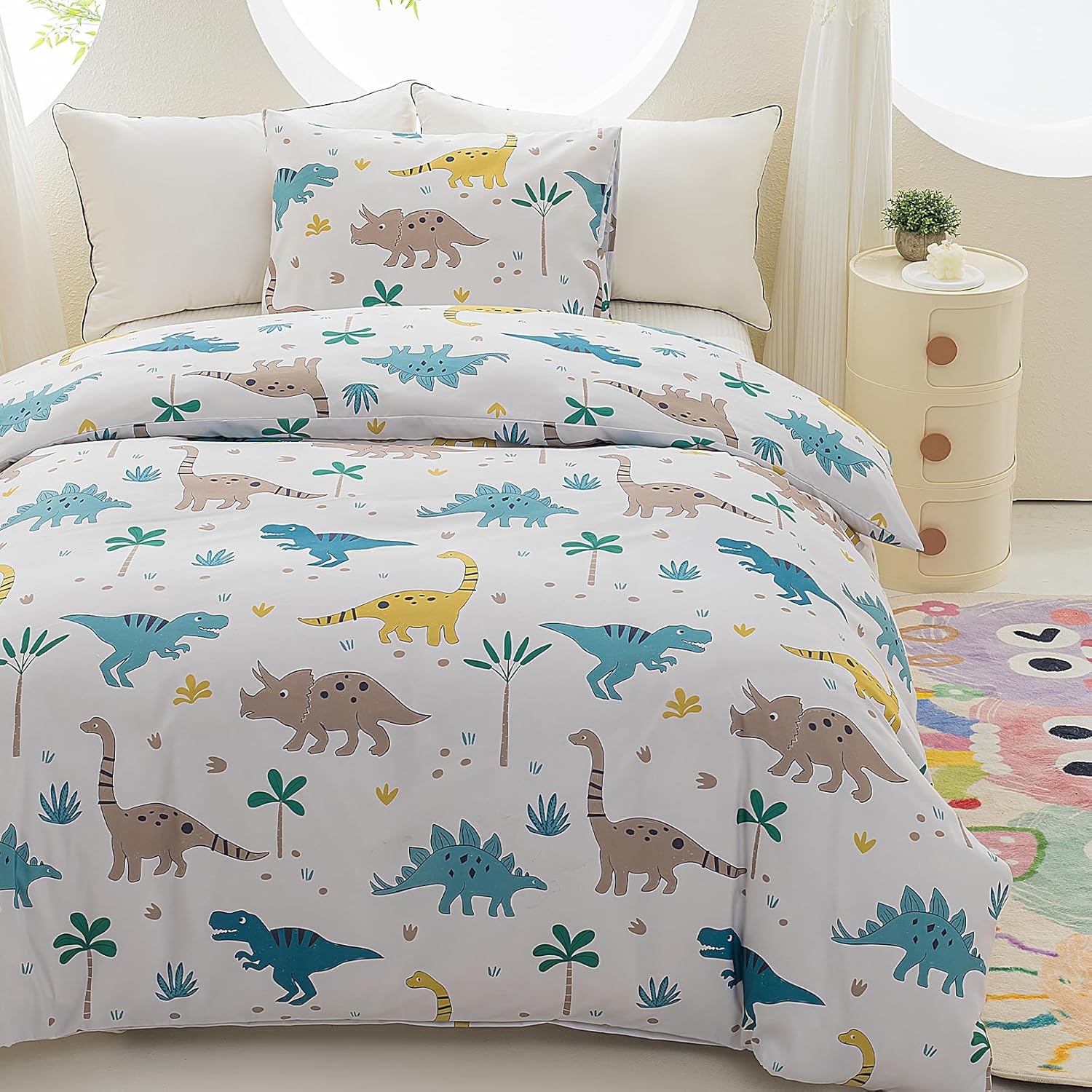 Light Grey Dinosaur Twin Duvet Cover Set, 2-Piece Soft Reversible Comforter Cover for Boys with Pillowcase, Hidden Zipper Closure (Comforter Not Included)