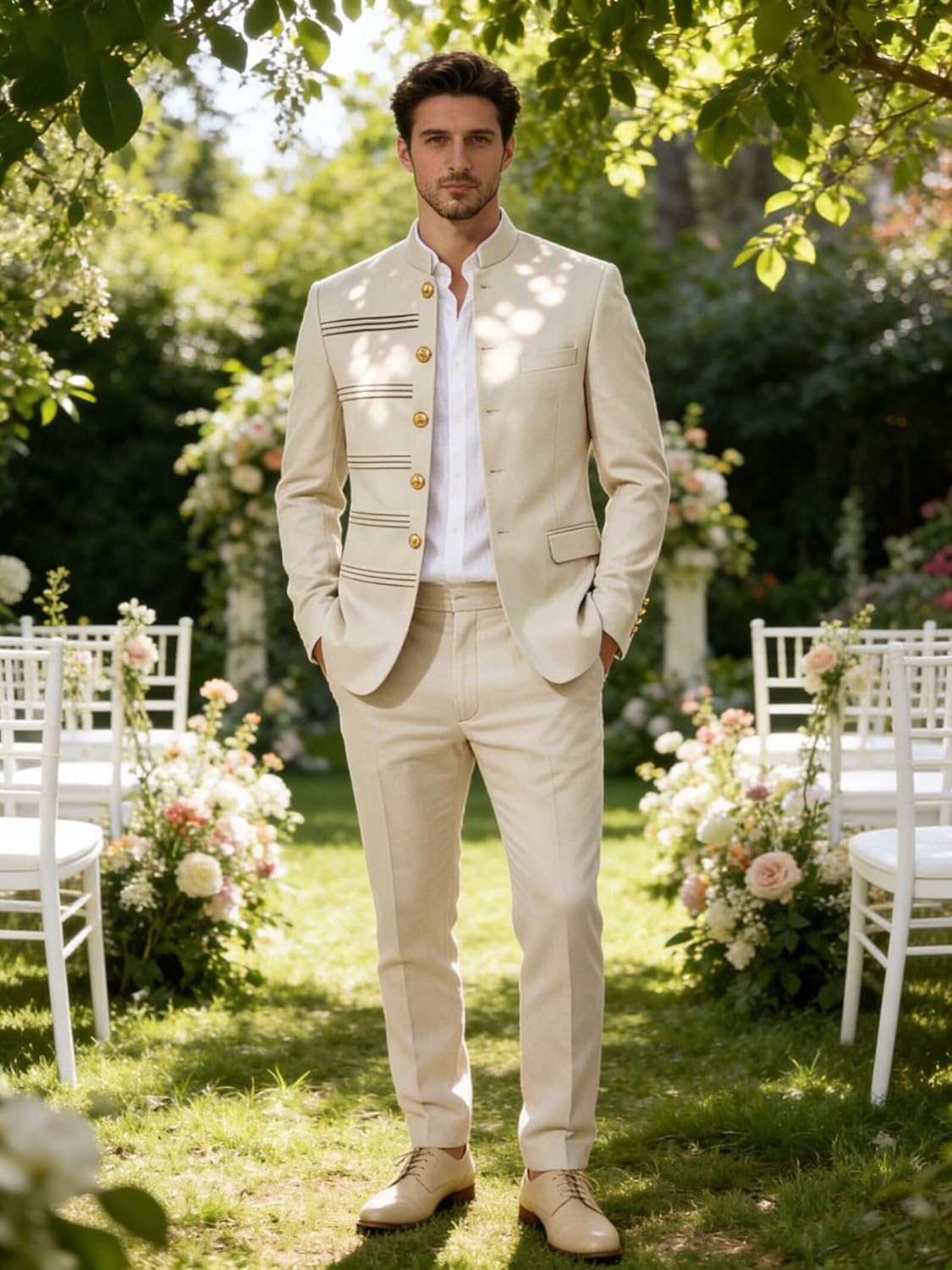 Men's Chinese Tunic Suits Classic Fit 2 Piece Safri Suits for Men Solid Mandarin Collar Gold Button Jacket Pants - Image 5