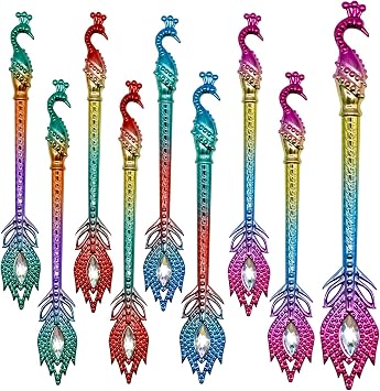 24 PCS Colorful Peacock Gel Pens Fancy Feather Pens With Diamond Blue Ink Pens For School Office Bithday Christmas Party