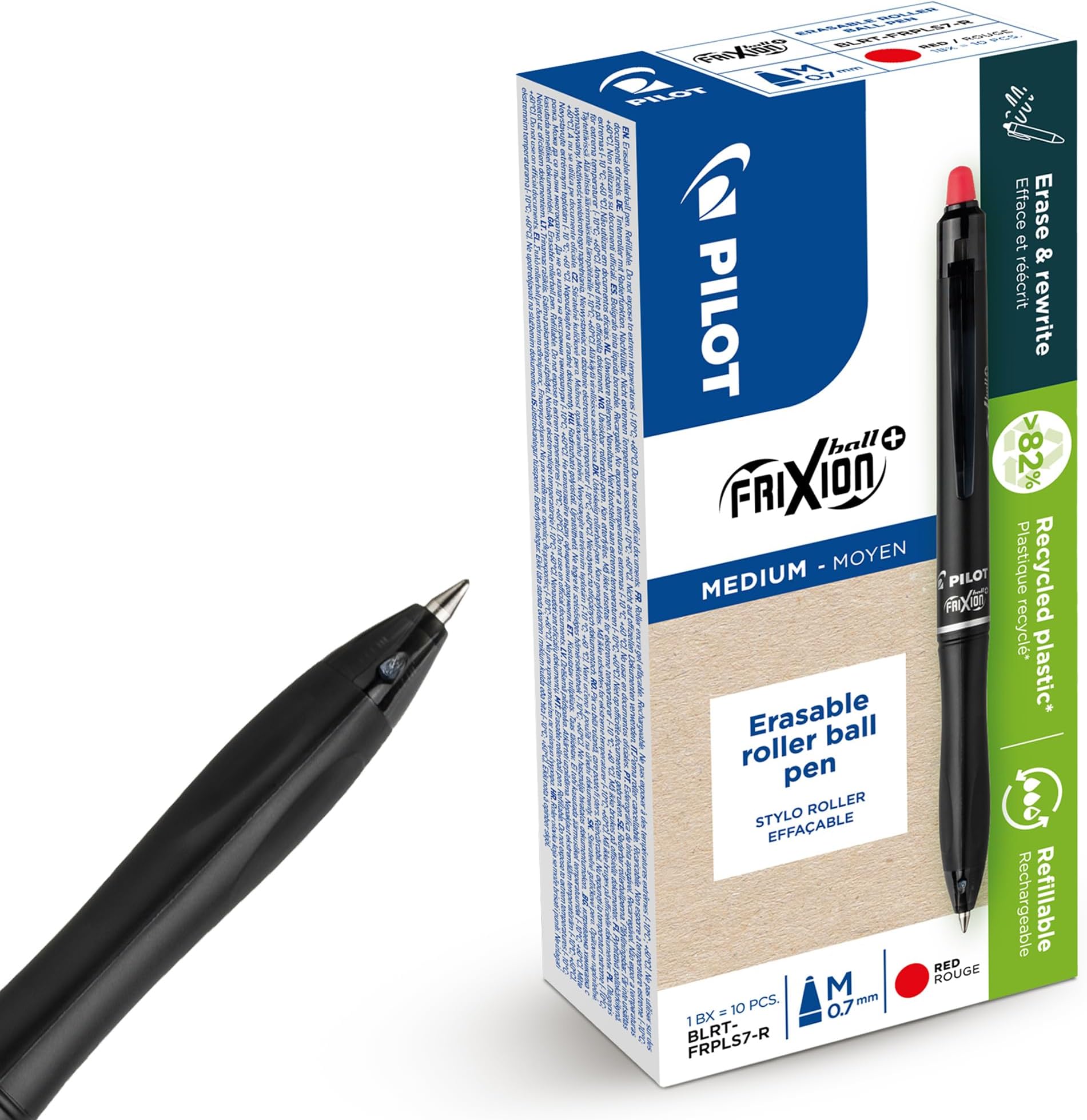 - Pilot Frixion Ball Plus Red Erasable Rollerball Pens 0.7mm Medium Tip Thermosensitive Ink Clean Erasing Smooth Writing Durable Plastic Body for Office School Fabric Marking & Projects (Pack of 10)