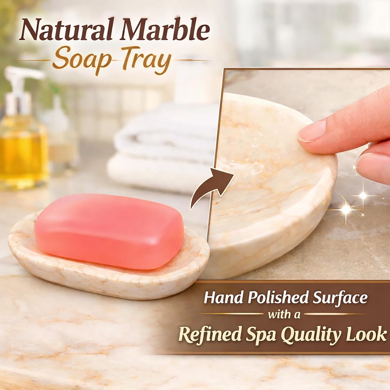 Creative Home Natural Champagne Marble Bullet Collection Bar Soap Dish Soap Tray Holder Bathroom Vanity Countertop Organizer, 5.8 x 3.8 x 0.9 H Inch, Beige