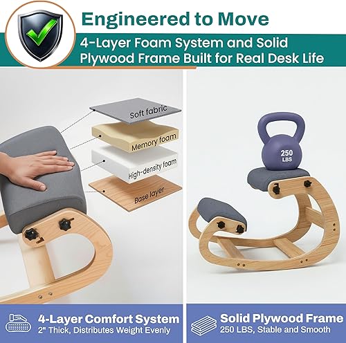 Miniatura 6 de NYPOT Silla ergonómica de rodillas con asientos ajustables - Silla de rodillas para corrección de postura y taburete oscilante para escritorio -