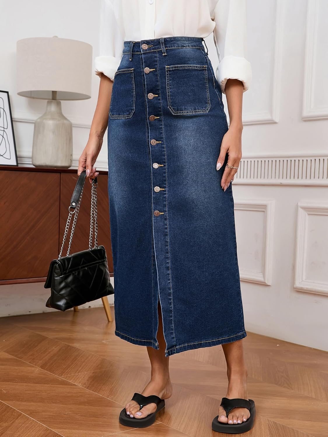 Jean Skirt for Women Denim Skirt High Waist Stretch Midi Denim Skirts with Pockets - Image 3