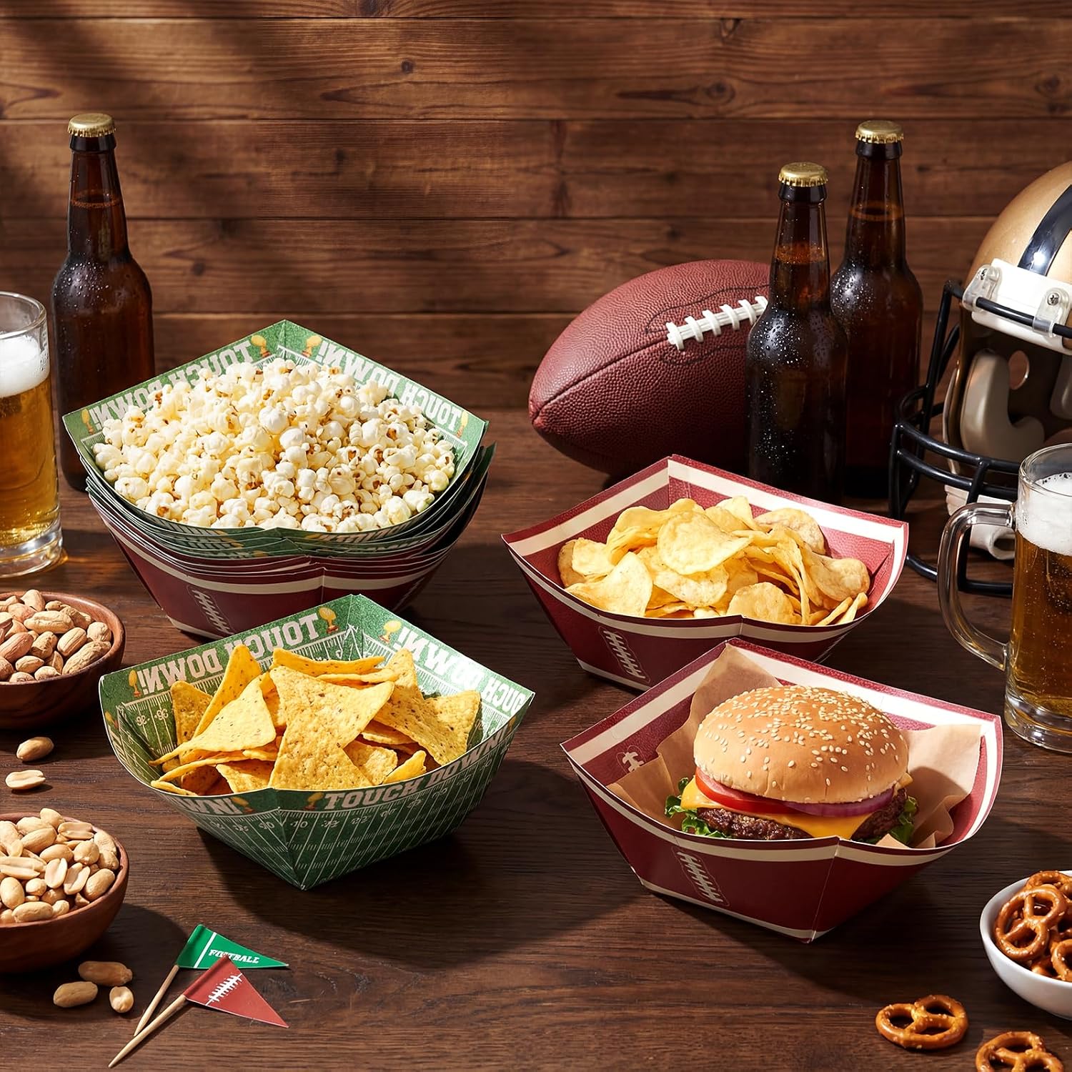 Marspark 12 Pcs Football Popcorn Boxes Disposable Paper Bowls Popcorn Tray Containers Football Party Supplies for Sports Game Birthday Decoration
