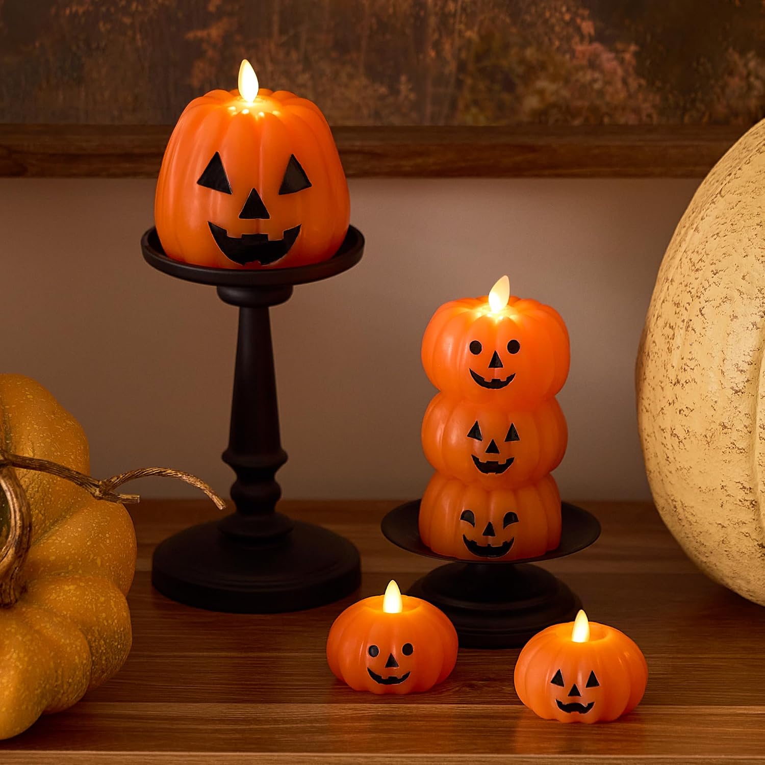 Luminara Stacked Jack-o-Lanterns Pumpkins Figural (Russet Orange) Flameless Candle Real Wax Moving Flame LED Candle (3.1" x 6"),