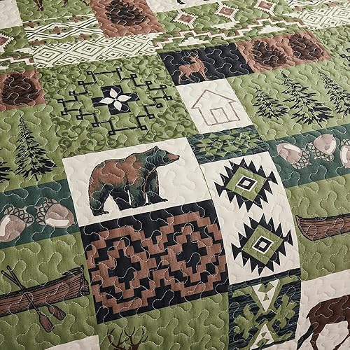 Miniatura 2 de Tigona Juego de edredón rústico reversible, tamaño King, juego de ropa de cama de alce y oso, colcha de microfibra clásica a cuadros, colcha de