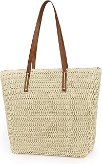 Womens Large Straw Beach Tote Bag Handmade Woven Shoulder Bag Handbag Purse for Summer (Beige)