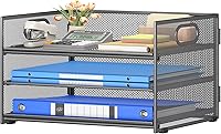 Vista 1 de Subekyu 3 Tier Paper Letter Tray Organizer for Desk, Gray Metal Mesh Desk File Folder Sorter Organizer with Handle and Sliding Tray for Home, Gris