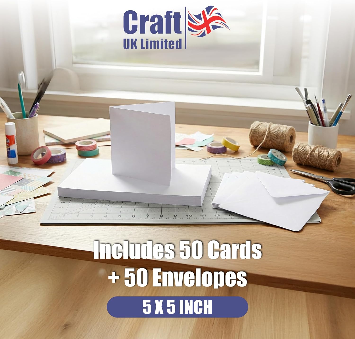 Craft UK 243 5 x 5 inch Card and Envelope Pack of 50 - White