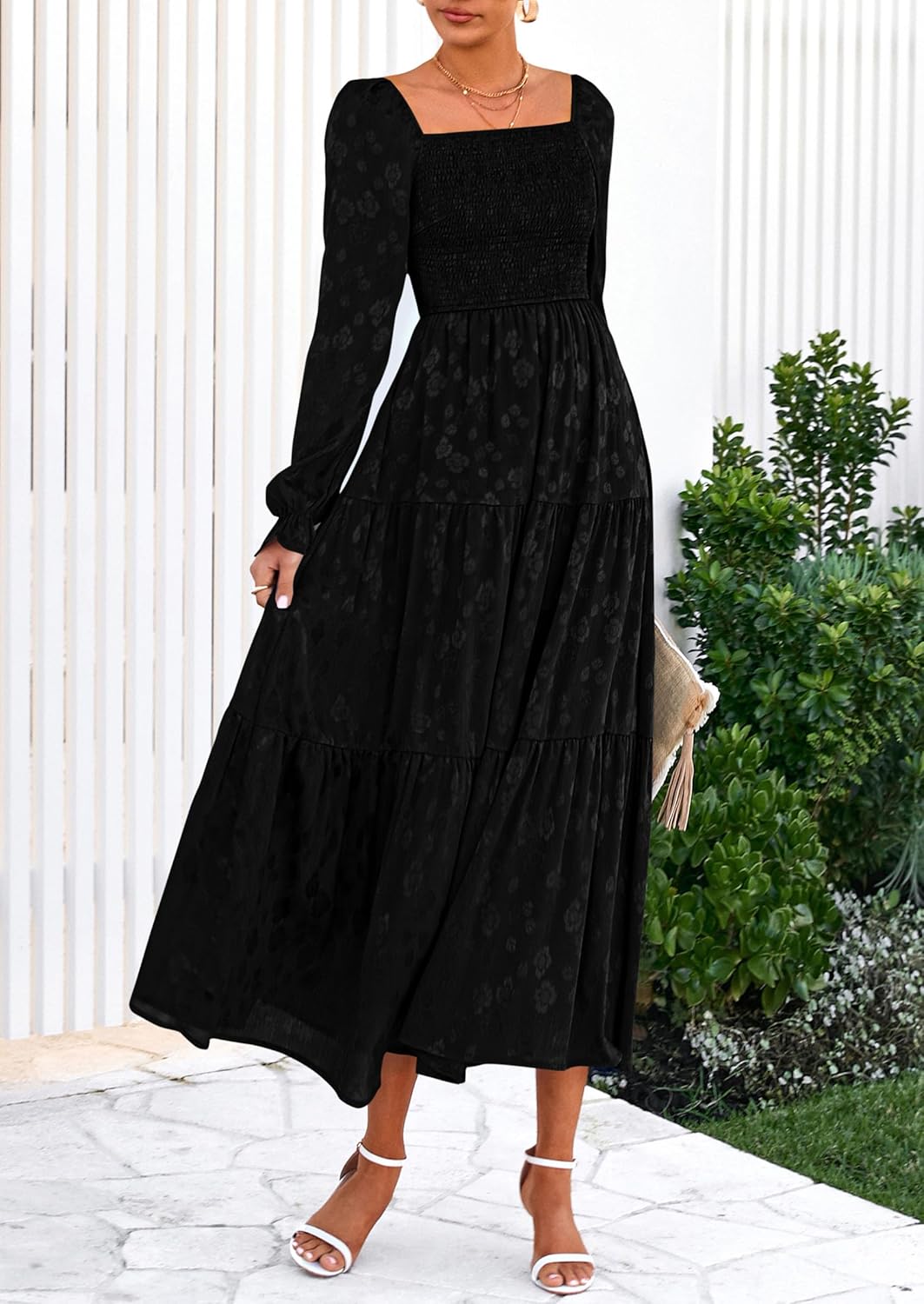 PRETTYGARDEN Wedding Guest Dresses for Women Floral Long Sleeve Smocked Tiered Elegant Long Flowy Boho Dress - Image 5