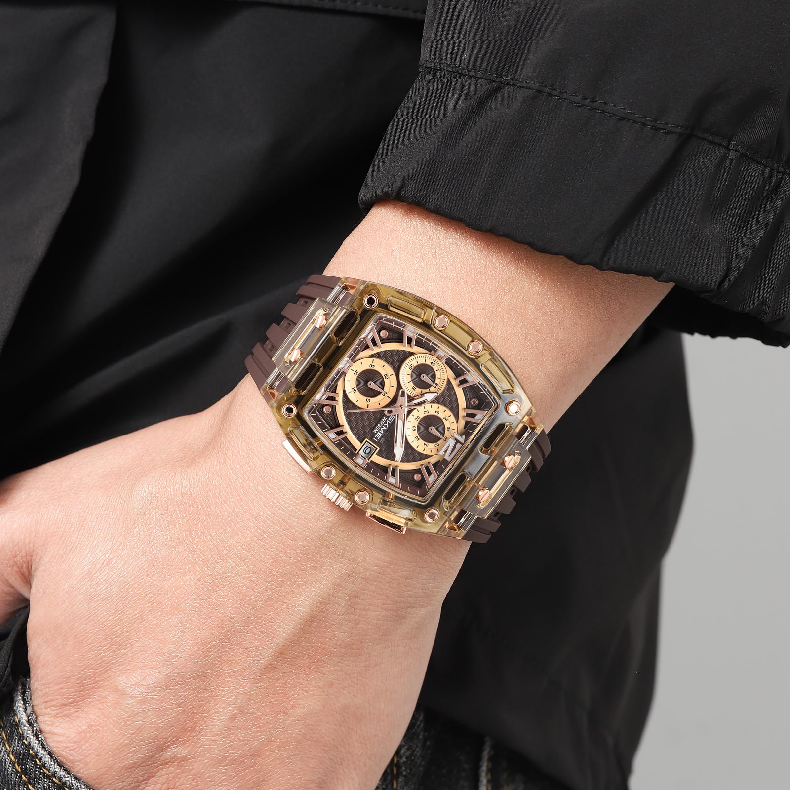 FANMIS Reloj cronógrafo para hombre, esfera rectangular transparente, reloj de pulsera de cuarzo, resistente al agua, deportivo, digital, analógico, doble visualización de hora, cronómetro con correa