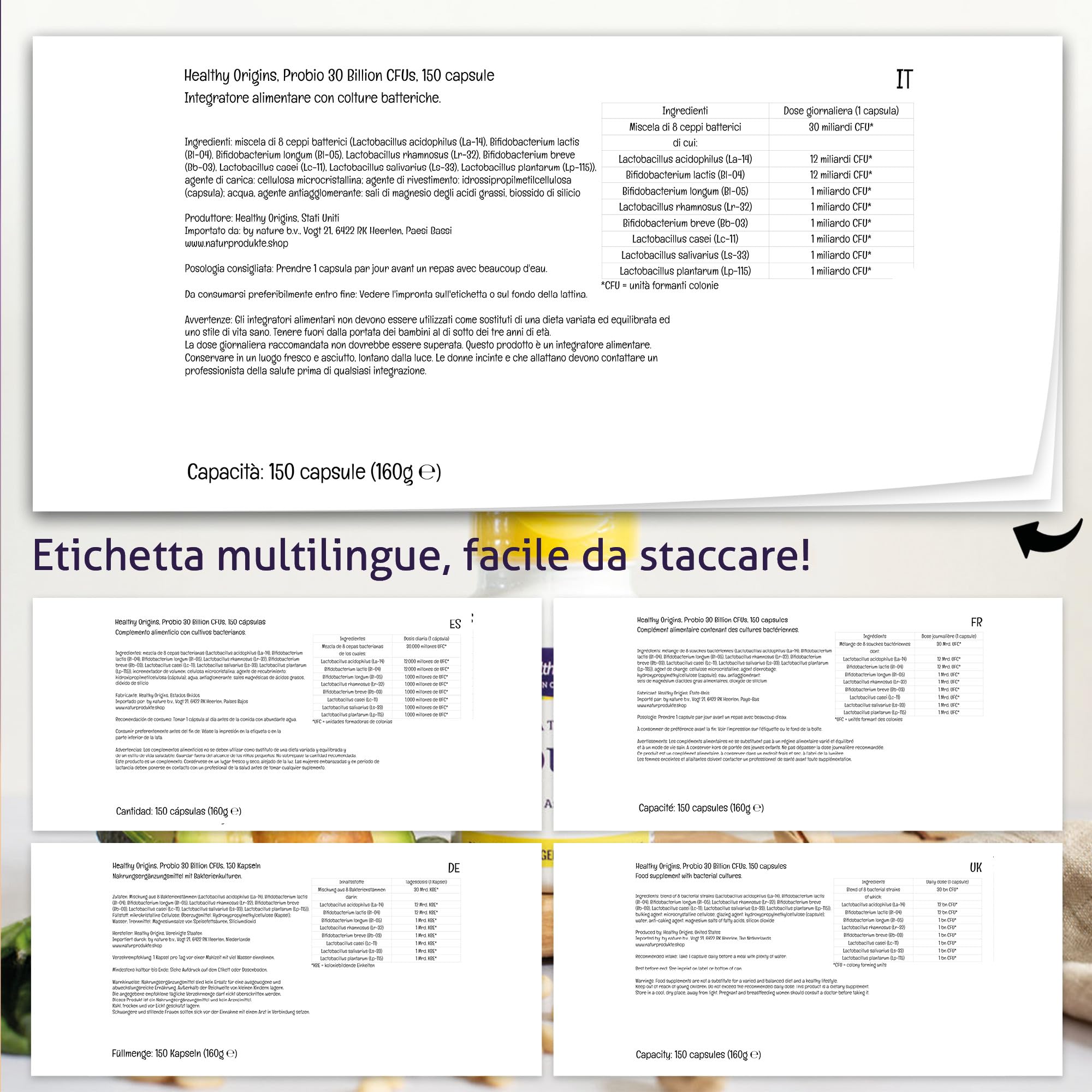 Healthy Origins, Probi, 8 Ceppi di Batteri, 30 Miliardi di Colture Batteriche per Capsula, 150 Capsule, Testato in Laboratorio, Senza Soia, Vegetariano, Senza Glutine, Non OGM