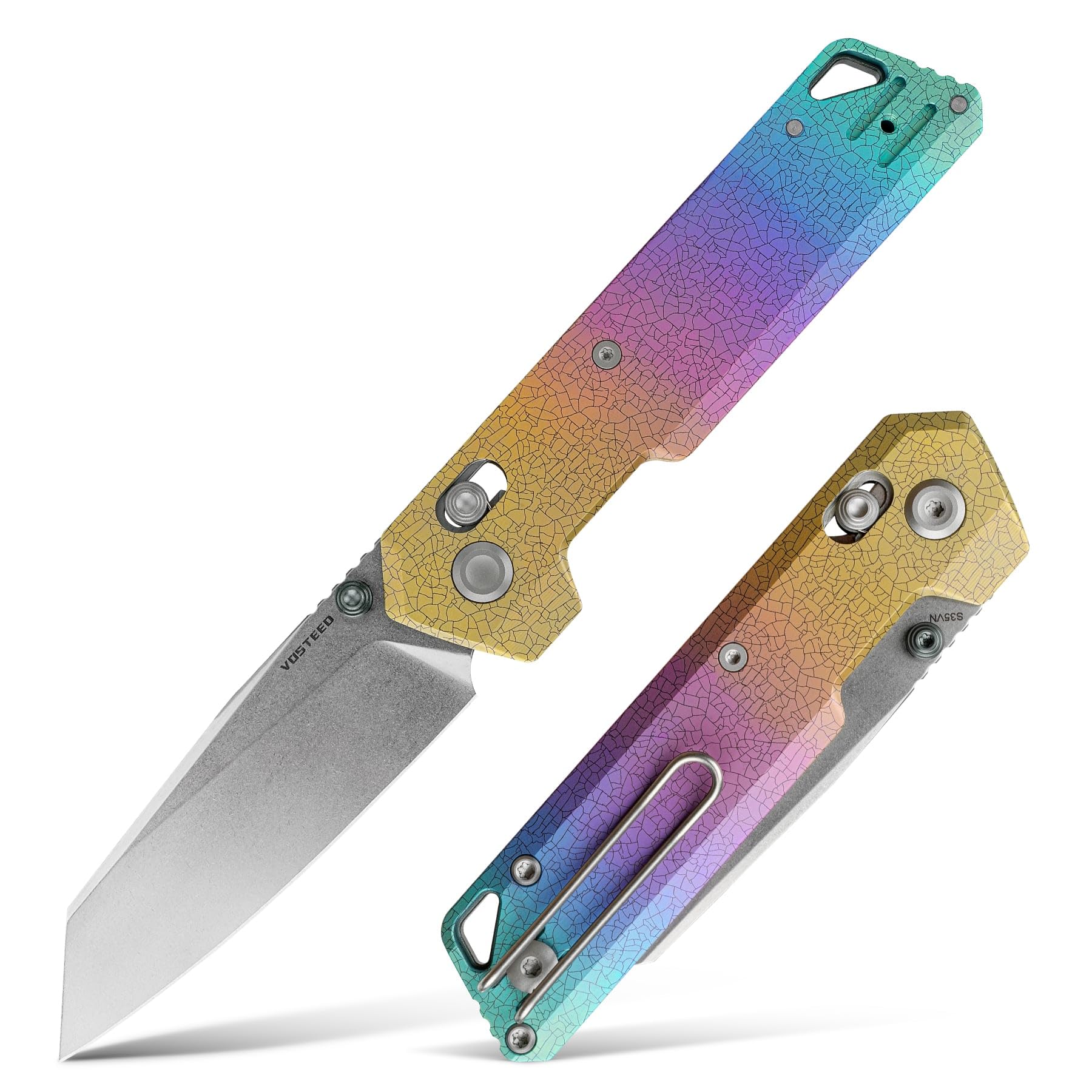 Vosteed Parallel EDC Pocket Knife - 2.90" S35VN Stonewash Blade, Reverse Tanto - Crossbar Lock, Iridescent Crackle Titanium Handle - Camping, Hiking Knives - A3508