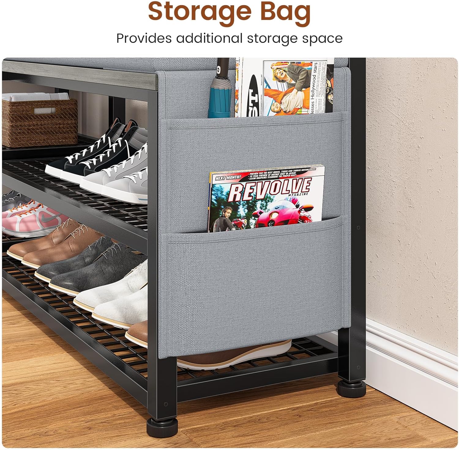 Itaar Coat Rack, Hall Tree with Bench and Shoe Storage, 7-in-1 Entryway Bench with Soft Cushion, Storage Bag, 3 Fabric Drawers(Grey)