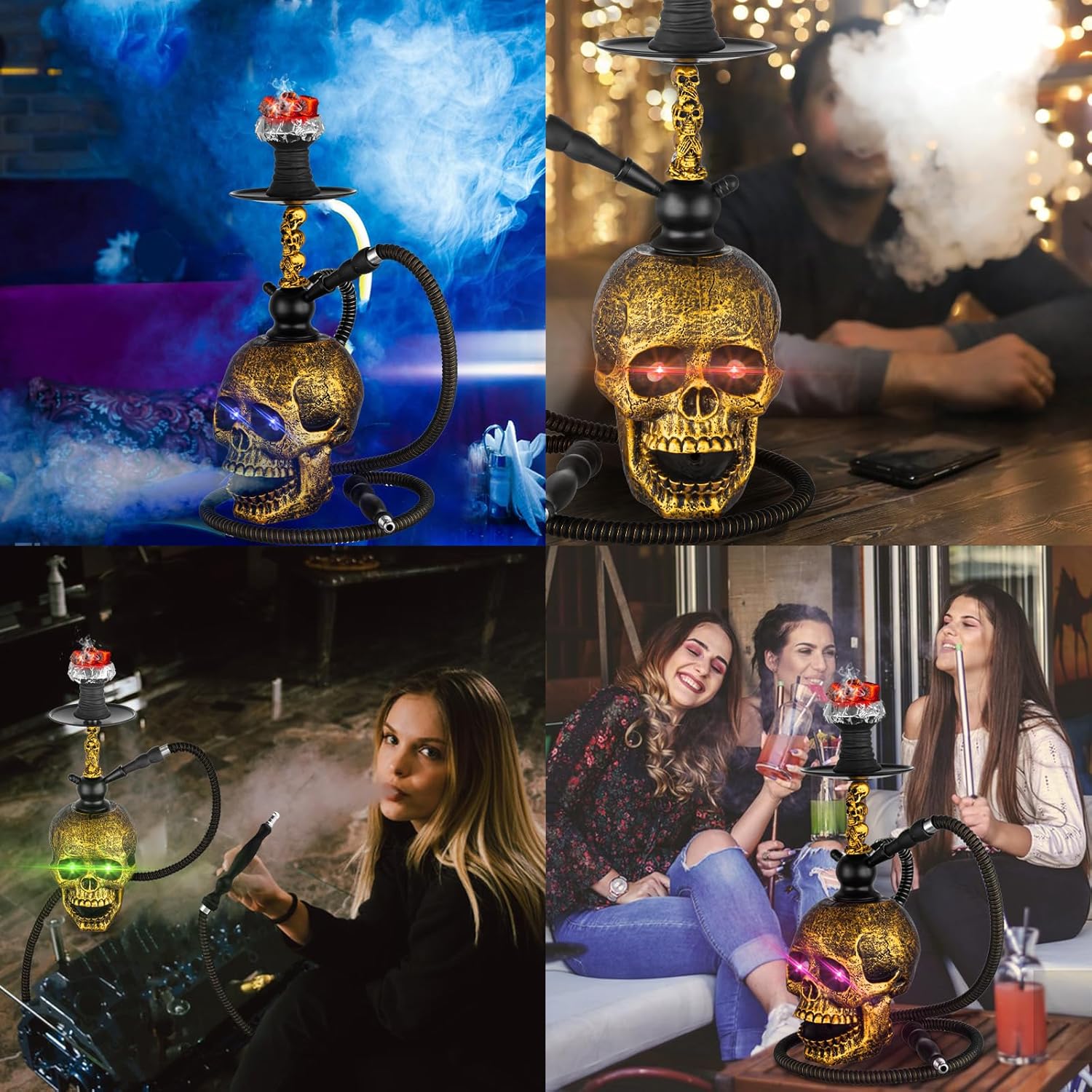 Skull Hookah Set – Unique Skull Glass Base Shisha Kit with Silk Rubber Hose, Ceramic Bowl, Foil & Disposable Tips, Complete Hookah Set for Personal Use or Gift(Golden)