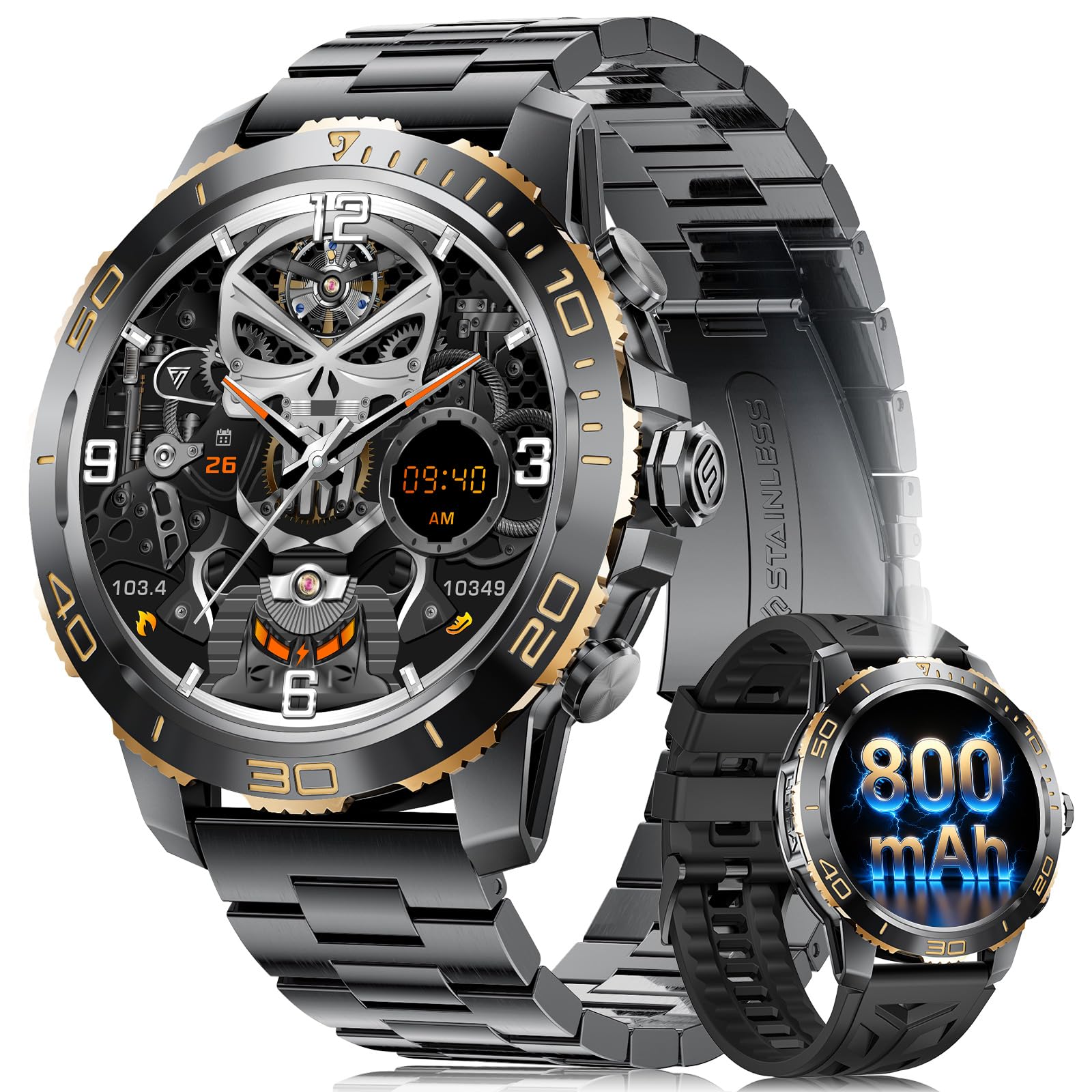 Reloj Inteligente Hombre Militar - 800mAh/Linterna LED, 1.43"AMOLED Smartwatch con llamadas Pulsómetro Sueño, IP68 Impermeable Pulsera Actividad con 200 Modos Deportivos para iOS Android, Negro