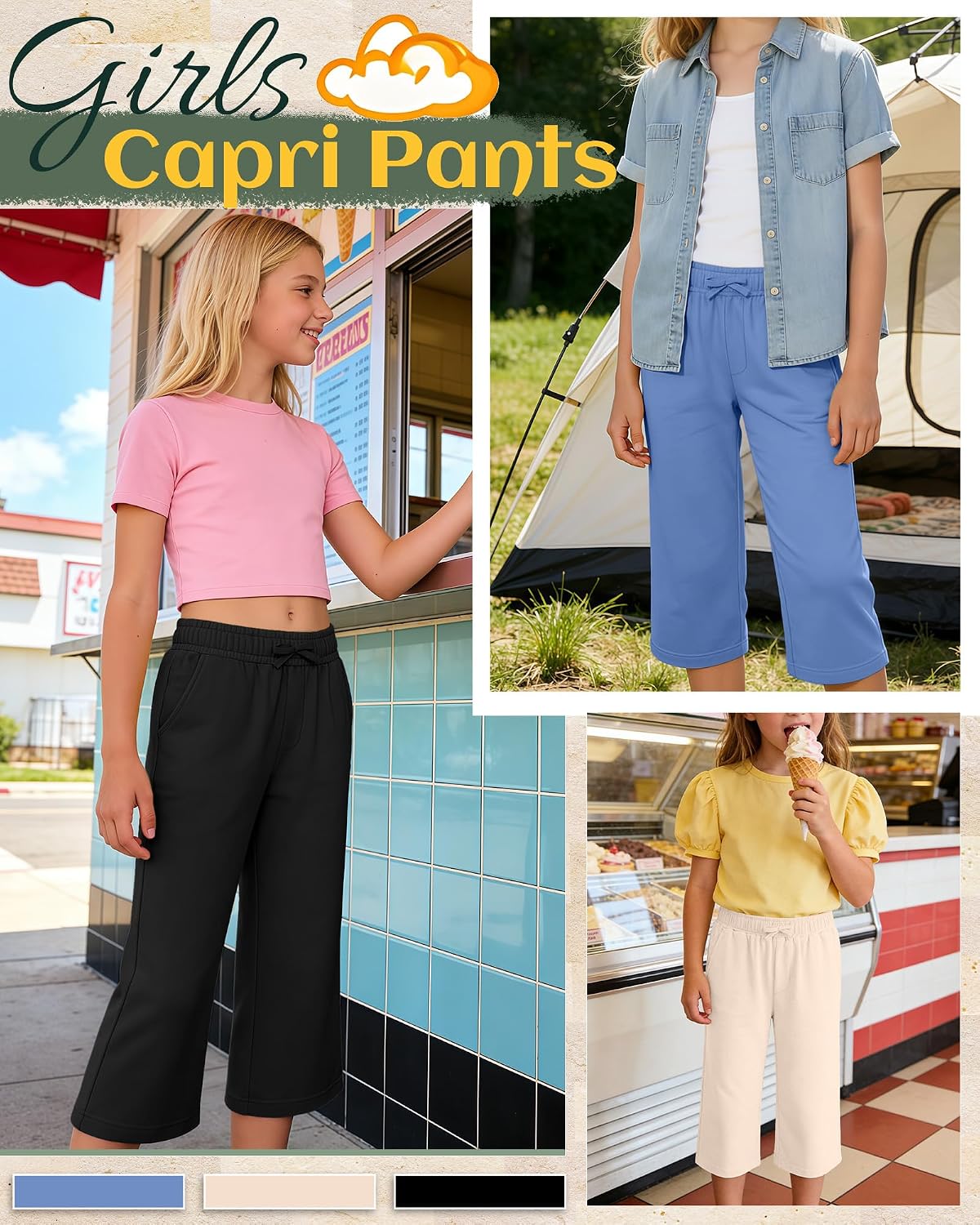 3 Pack Girls Capris Wide Leg Casual Pants | Loose Fit, Baggy, Drawstring, Elastic Waist, Pockets, Pull On, Basic, Cropped Pants, Lightweight, Solid, Plain, Breathable Sky Blue, Apricot, Black 13-14 Years