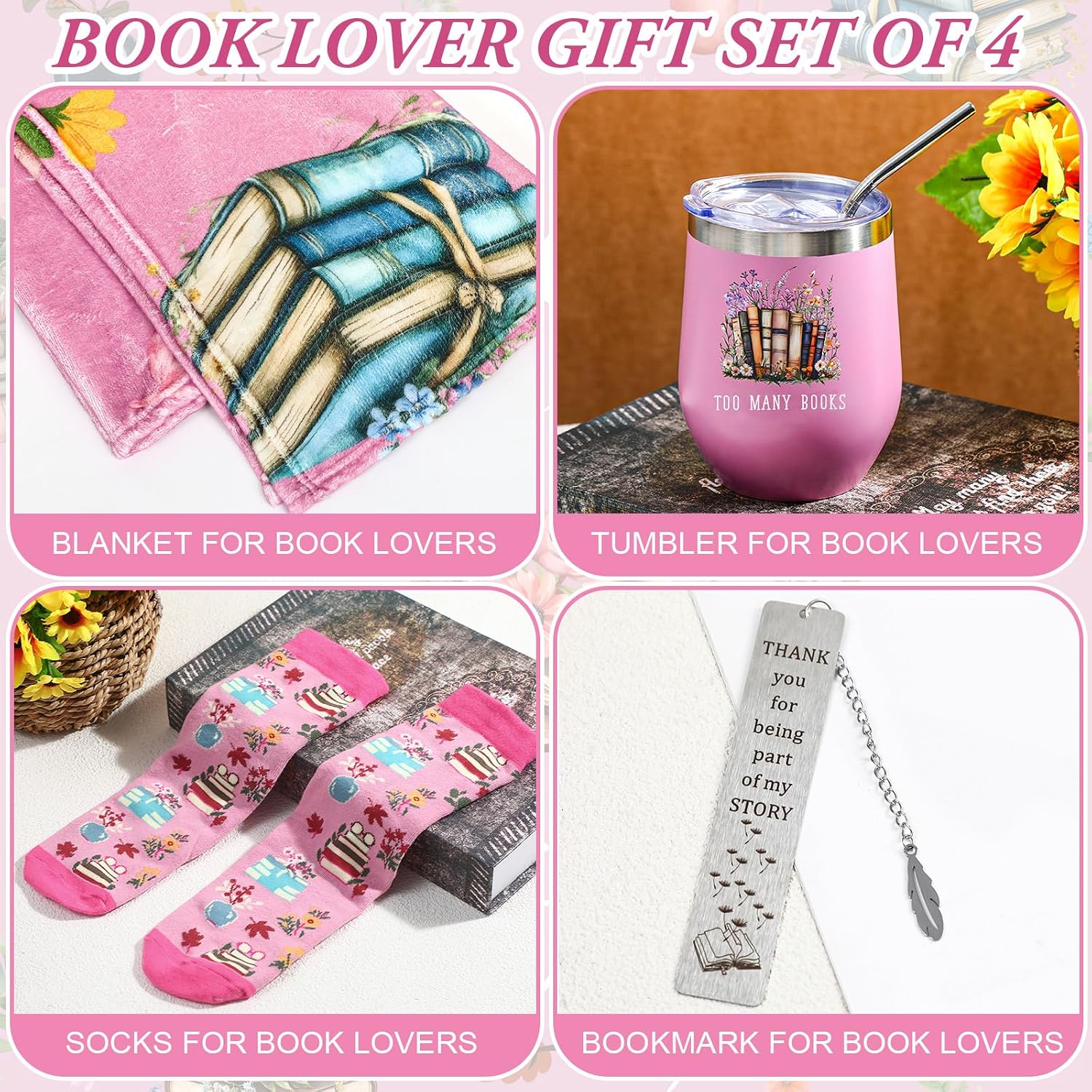 Sieral 4 Pcs Book Lovers Gifts for Women Teacher Appreciation Week Book Gift Include 60" x 50'' Reading Blanket 12oz Insulated Tumbler Sock Bookmark for Teacher Mother Bookish Library Club(Pink)