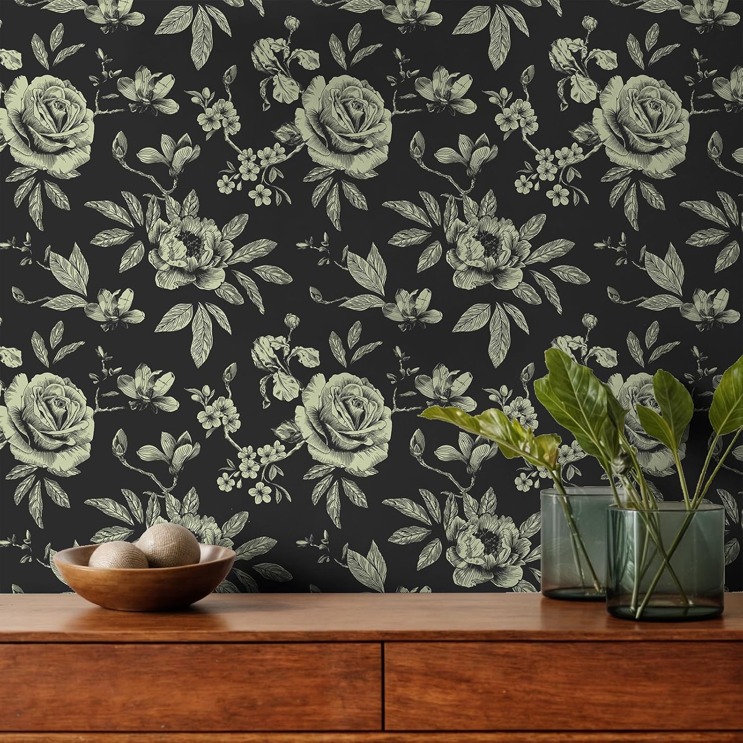 Vintage Black Rose Floral Wallpaper Peel and Stick Antique Moody Dark Flower Wallpaper Prepasted Decorative Floral Contact Paper 12"x118" Sticky Removable Room Wall Covering for Home Decor